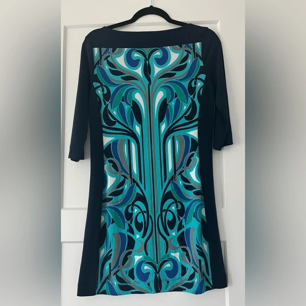 EUC Banana Republic Teal & Navy Retro Boat Neck 3/4 Sleeve Artsy‎ Dress, Small - Picture 4 of 6